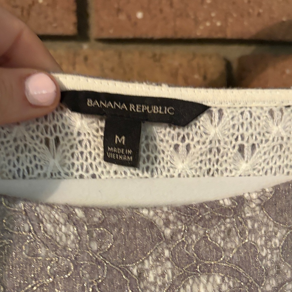 Banana Republic Silver Lace Blouse | Sheer Overlay | Elegant Minimalist Chic - Picture 3 of 7